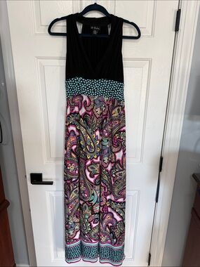 Black & Pink Paisley Maxi Dress with Teal Accents